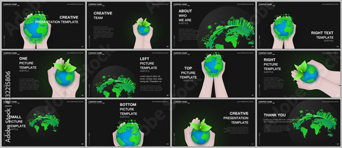 Presentation design vector templates, multipurpose template for presentation slide, flyer, brochure cover design, infographic. Green world globe in the hands of man. Earth planet health care concept.