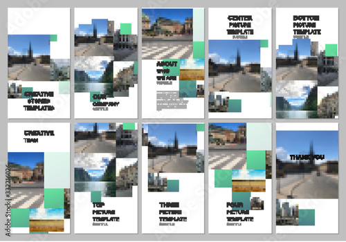 Social networks stories design, vertical banner or flyer templates. Covers design templates for flyer, leaflet, brochure cover, banner. Green color abstract background with photo, consisting of square