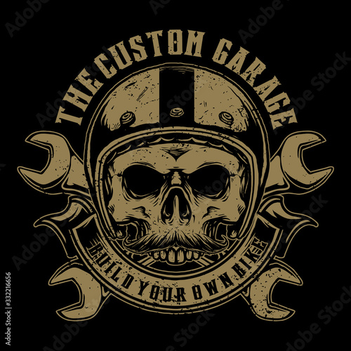 skull biker with retro helmet motorcycle vector badge