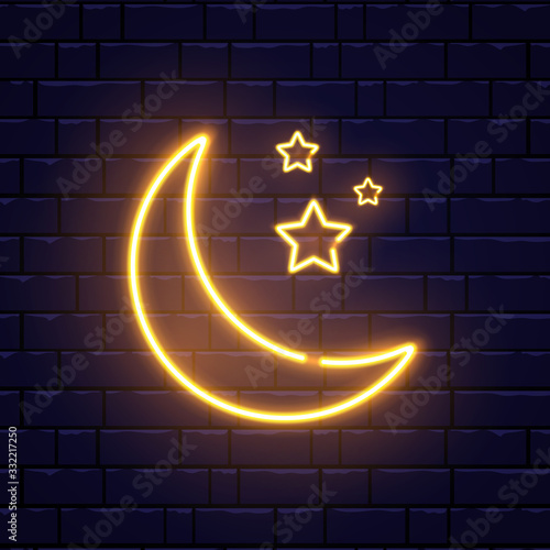 Neon golden crescent and stars. Ramadan Kareem neon sign on brick wall. Glorious month of Muslim year light banner. Vector illustration