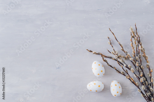 Sticker Flat lay easter composition with a willow branch and eggs on a gray background