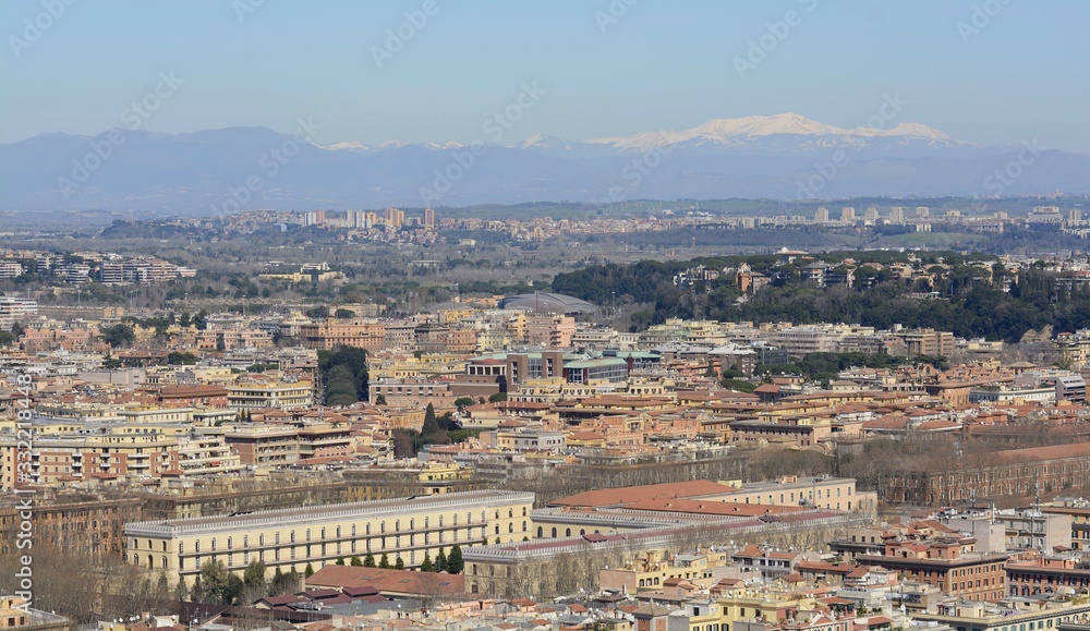 Panorama of Rome from the observation deck of the dome of St. Peter's Basilica. Panorama of the city. The best view of Rome. 