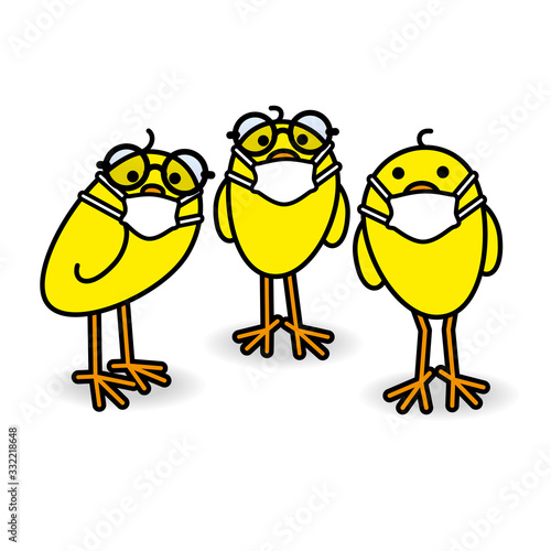 Three Yellow Chicks wearing Spectacles and Medical Masks