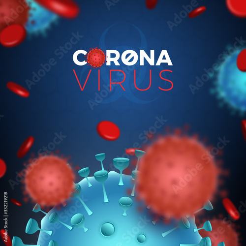 Coronavirus. Covid-19. 3d blurred virus and erythrocyte molecules on blue background. Microbe, medical, healthcare