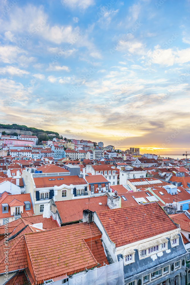 Lisbon, Portugal, Dec 2019: Lisbon skyline at sunny day-panorama