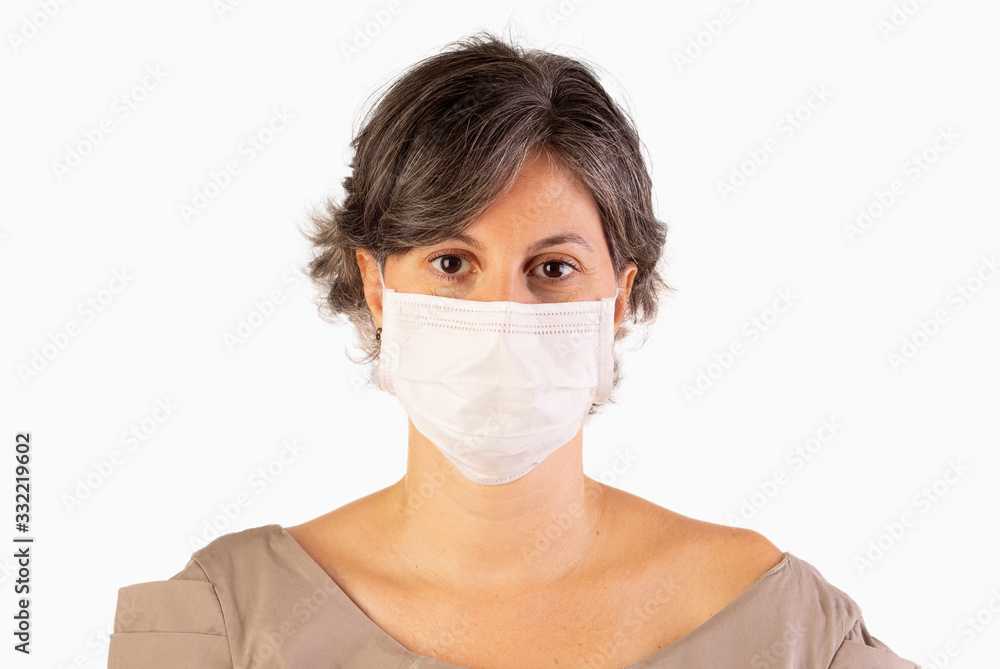 woman wearing protective masks on white background