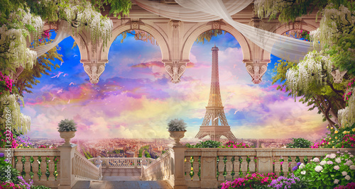 Photography Beautiful view from the  flower-covered balcony to the Eiffel tower and pink sunset