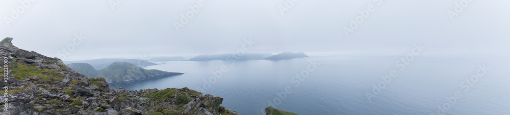 Fototapeta premium panoramic view of a cliff from which you can see a Norwegian fjord on a cloudy day