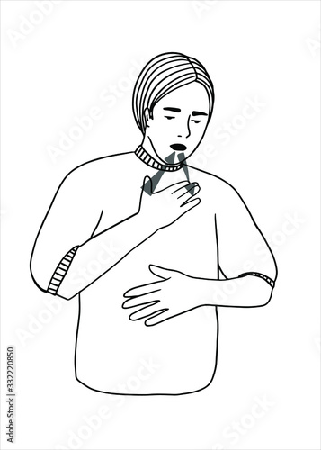 Human sick, ill or disease. Cartoon character demonstrating symptoms of shortness breath. Flat vector illustration portrait. Element for design of infographic , guide, booklet, flyer or web site