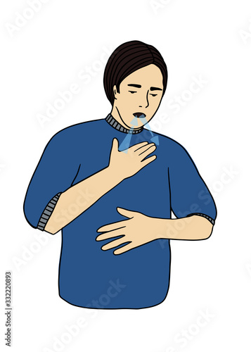Human sick, ill or disease. Cartoon character demonstrating symptoms of shortness breath. Flat vector illustration portrait. Element for design of infographic , guide, booklet, flyer or web site