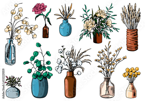 Collection of varied vases, bottles, and jars of flowers and plants. Hand drawn vector illustration. Vintage botanical set. Decorative floral colorful elements isolated on white. Usable for design.