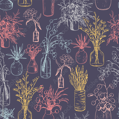 Hand drawn vector seamless pattern. Vintage sketches of vases, bottles, and jars of flowers and plants. Gentle floral background. Original botanical wallpaper. For wrap, textile, postcards, print.