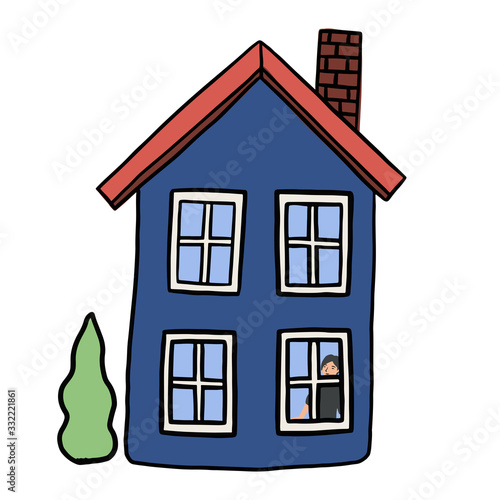 Hand drawn flat house. Concept of staying at home. Quarantine. Element for design of infographic , guide, booklet, flyer or web site