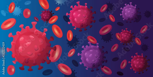 Coronavirus 2019-nCov novel coronavirus concept, asian flu outbreak and coronaviruses influenza pandemic in whole world. Microscope virus close up with cells. Vector colorful illustration
