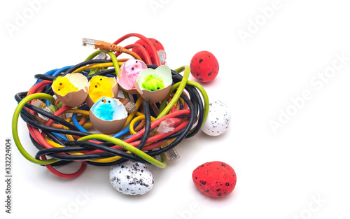 Easter eggs in the basket, Chickens in the eggs, Easter eggs, Happy easter card, Easter background, Ethernet cables nest,  Data Center, Internet