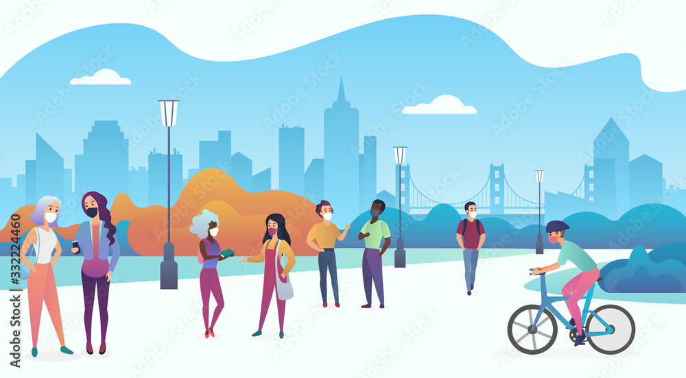 Naklejka premium People wearing medical masks to prevent coronavirus 2019-nCoV, COVID-19, SARS-CoV-2 walk in the urban city public park vector illustration.
