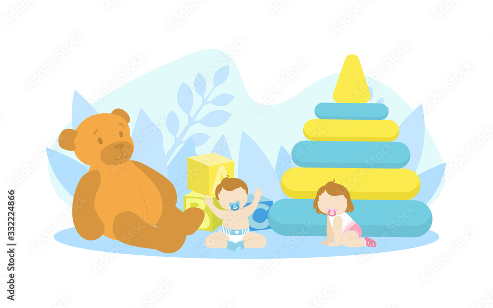 Cute Tiny Babies Playing with Giant Toys, Happy Childhood Vector Illustration Cute Tiny Babies Playing with Giant Toys, Happy Childhood Vector Illustration