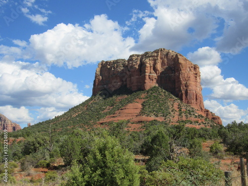 View of the red rock formation Courthouse Butte north of the Village of Oak Creek and south of Sedona in Yavapai County, Arizona 