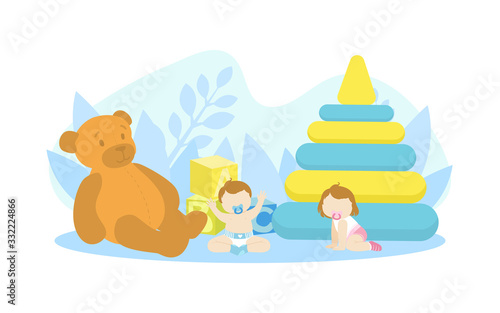 Cute Tiny Babies Playing with Giant Toys  Happy Childhood Vector Illustration