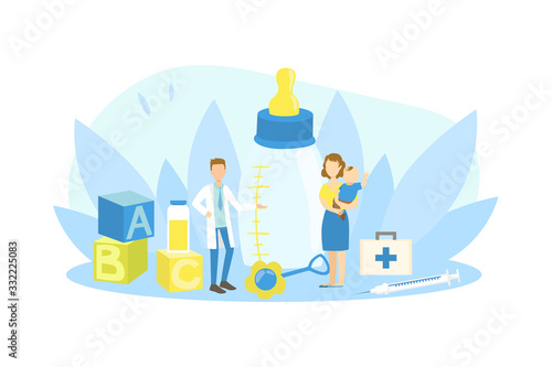Young Mother with Toddler Baby Visiting Doctor, Tiny People and Big Baby Care Accessories, Medical Check Up, Treatment, Vaccination Vector Illustration