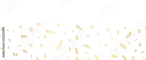 Golden Party doodles seamless vector border. Abstract hand drawn gold foil shapes repeating pattern. Twirls, confetti, for card decoration, kids birthday, footer, party invitation