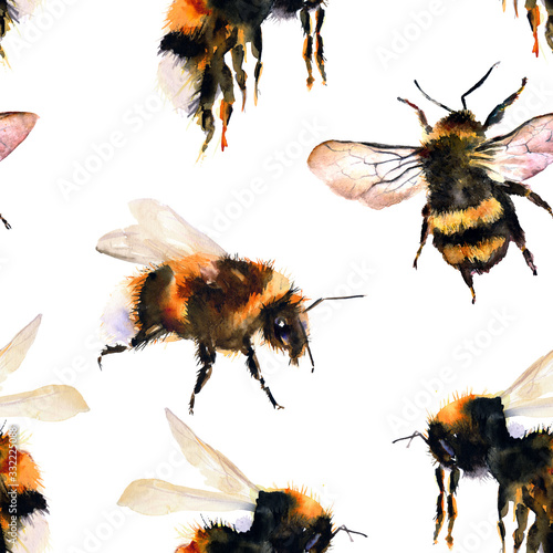 Watercolor seamless pattern. Bumblebee/bee, insects. Watercolor hand-drawn elements © lena terzi