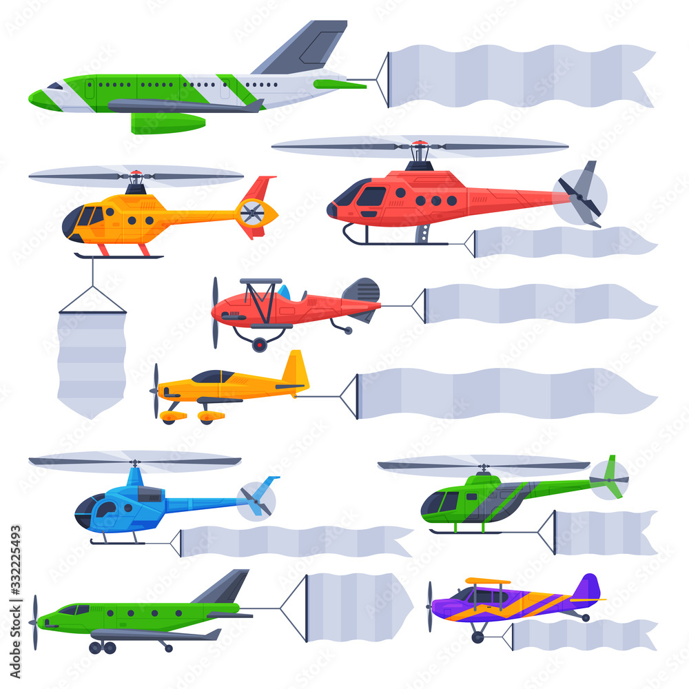 Planes and Helicopters Flying with Banners Collection, Air Vehicles with White Blank Ribbons for Advertising Vector Illustration Planes and Helicopters Flying with Banners Collection, Air Vehicles with White Blank Ribbons for Advertising Vector Illustration