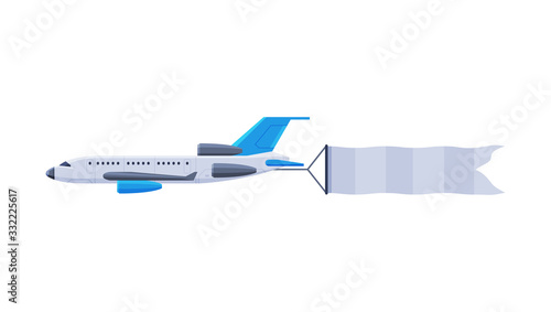 Plane with Blank Banner Flying in the Sky, Air Vehicle with White Ribbon for Advertising Flat Vector Illustration