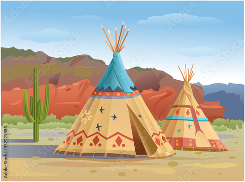 Wigwam and tipi Indians in the mountains of America.