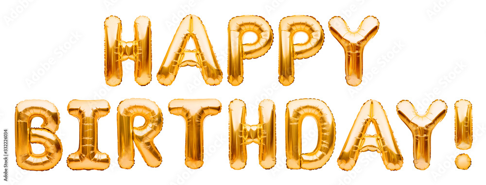 Words HAPPY BIRTHDAY made of golden inflatable balloons isolated on white background. Gold foil helium balloons forming phrase. Birthday congratulations concept, HBD phrase, happy birthday wishes
