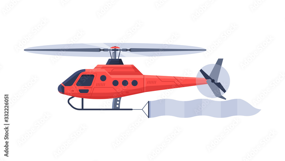 Red Helicopter with Banner Flying in the Sky, Air Vehicle with Ribbon for Advertising Vector Illustration Red Helicopter with Banner Flying in the Sky, Air Vehicle with Ribbon for Advertising Vector Illustration