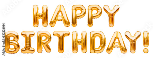 Words HAPPY BIRTHDAY made of golden inflatable balloons isolated on white background. Gold foil helium balloons forming phrase. Birthday congratulations concept, HBD phrase, happy birthday wishes