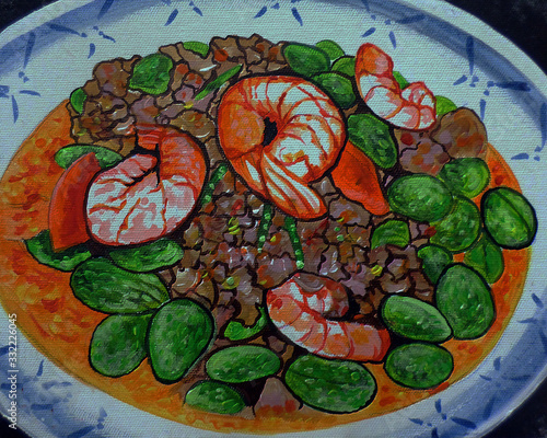 Art painting  oil  color Realistic Food from Thailand , Stir-fried Stink Bean and Prawn