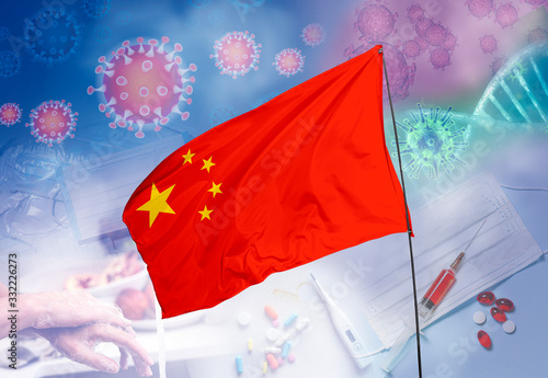 Coronavirus (COVID-19) outbreak and coronaviruses influenza background as dangerous flu strain cases as a pandemic medical health risk. China covered in surgical masks to protect against Coronavirus. 