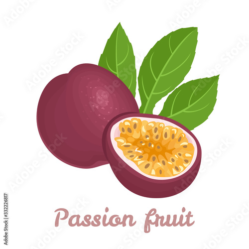 Passion fruit isolated on a white background. Fresh tropical fruit whole, half and green leaf. Vector food illustration in cartoon flat style.