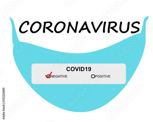 Negative coronavirus blood test concept. Blue medical mask. Surgical mask protective mask with CORONAVIRUS text