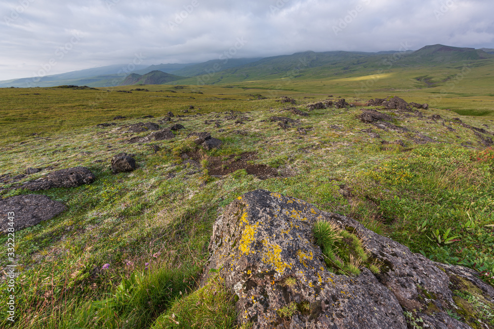 Dramatic views of the volcanic landscape. Kamchatka Peninsula.