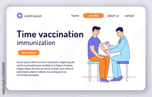 Time vaccination web banner. Doctor man giving free flu vaccination shot to hand male patient flat vector illustration. Concept for web page, presentation, smm, ad, site. UX UI GUI design.
