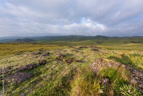 Dramatic views of the volcanic landscape. Kamchatka Peninsula.