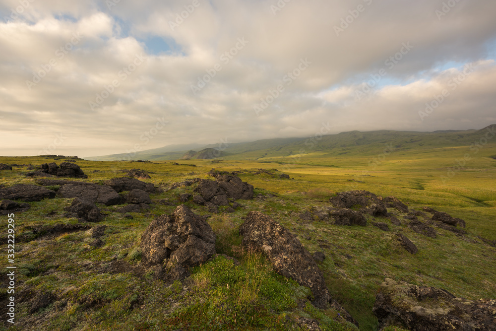 Dramatic views of the volcanic landscape. Kamchatka Peninsula.