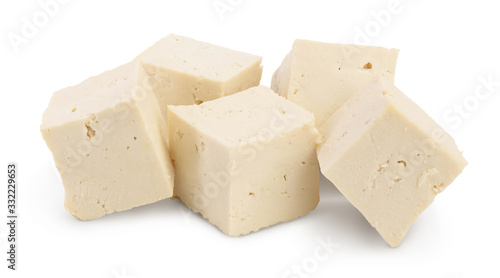 Heap of diced tofu cheese isolated on white background with clipping path and full depth of field,