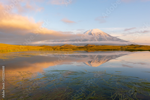 Tolbachik volcano reflection in the quiet mountain lake, Kamchatka © zhuxiaophotography