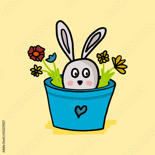 Cute bunny, rabbit mascot hiding in blue flower pot. Crazy hand drawn doodle vector illustration. Isolated spring drawing. Easter card design.
