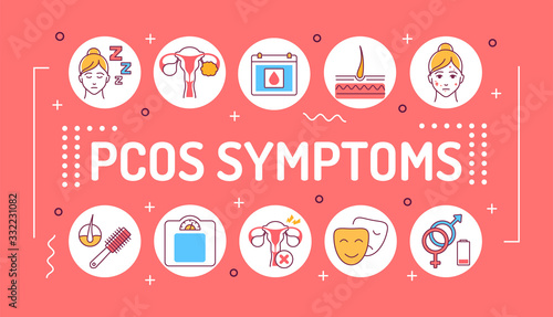 PCOS symptoms word lettering typography. Female reproductive system disease. Infographics with linear icons on red background. Isolated outline color illustration photo