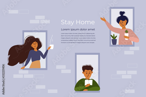 Stay home concept. House facade with windows. People look out of apartment. Greeting, smiling and communication of neighbors. Self isolation, quarantine due to coronavirus. Vector illustration, flyer.