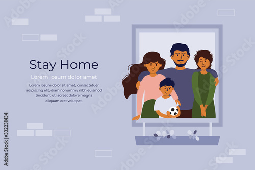 Stay home concept. House facade with briks. Big family looking out of window. Mom, dad, daughter and son with soccer ball smiling together. Coronavirus quarantine isolation. Vector illustration, flyer