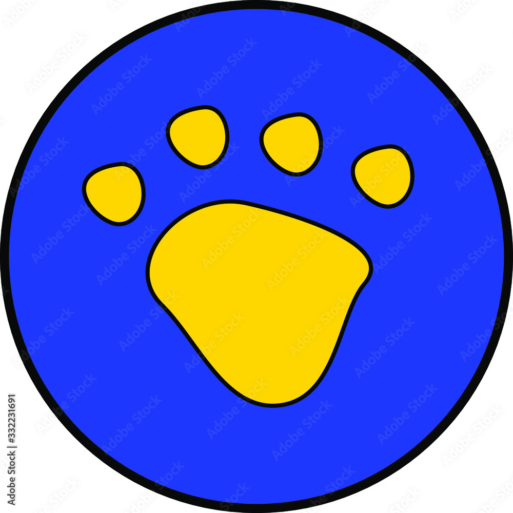 Fototapeta premium Yellow dog or cat paw print button pet vector icon on blue circle. Animal, pet, tracks, and footprints concepts.