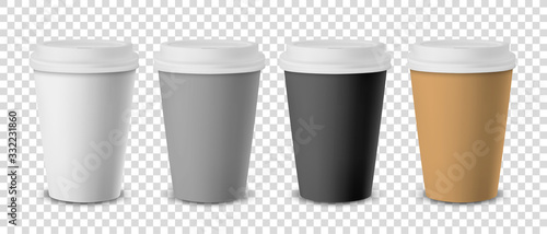 Wallpaper Mural Vector 3d Realistic Disposable Closed Paper, Plastic Coffee Cup for Drinks with White Lid Set Closeup Isolated on Transparent Background. Design Template, Mockup. Front View Torontodigital.ca