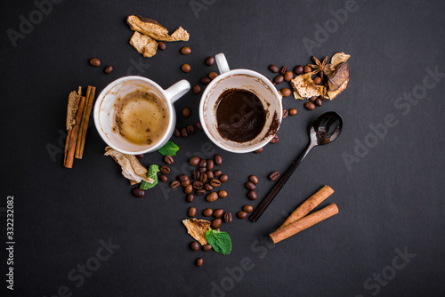 Composition on a yair background with milk, fragrant coffee, salted carmela, dried mushrooms, mint. photo