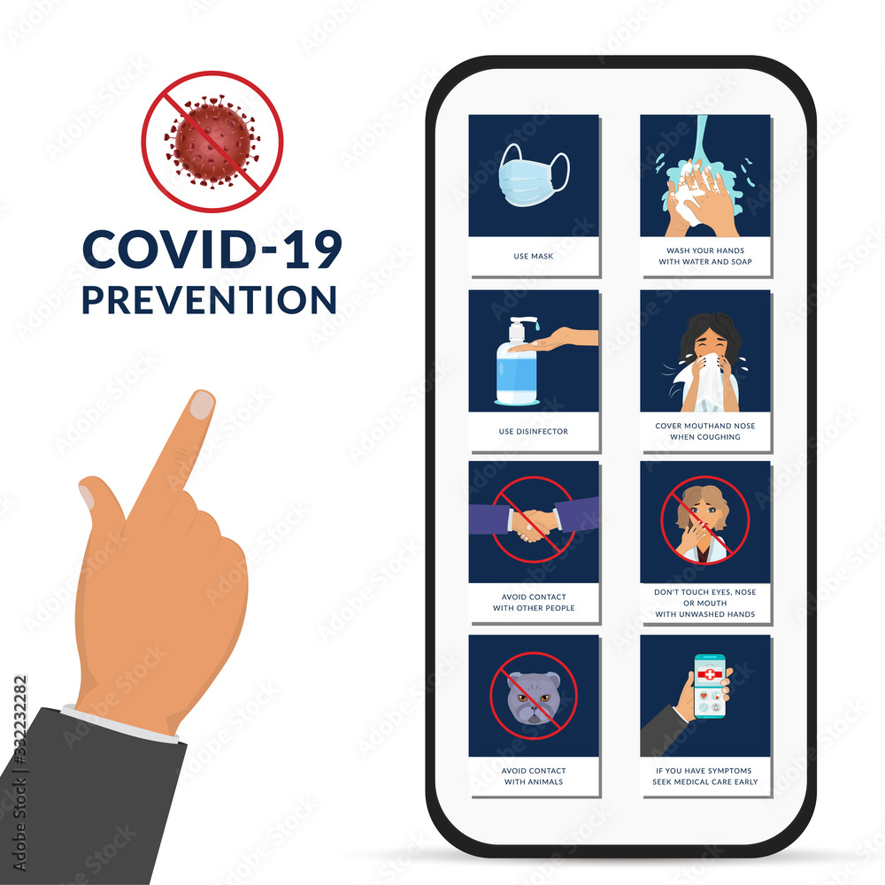 Covid-19 virus protection tips. Illustrated medical procedures with stick figures to prevent coronavirus spread